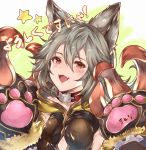  1girl animal_ears bangs blush cat_ears claw_(weapon) claws collar erune fangs fur_trim gloves granblue_fantasy grey_hair hair_between_eyes highres long_hair looking_at_viewer matoriyoshika24 open_mouth paw_gloves paws red_eyes sen_(granblue_fantasy) upper_body weapon 