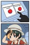  buttons comic hat hat_feather helmet jpeg_artifacts kaban_(kemono_friends) kemono_friends meme parody pith_helmet red_shirt shirt sweat sweating_profusely sweating_towel_guy third-party_edit wiping_sweat 