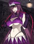  breasts cleavage_cutout closed_mouth commentary_request cosplay covered_nipples cowboy_shot dominatrix fate/grand_order fate_(series) gloves hair_intakes hat highleg highleg_panties holding_whip large_breasts long_hair looking_at_viewer medb_(fate)_(all) medb_(fate/grand_order) medb_(fate/grand_order)_(cosplay) navel pale_skin panties peaked_cap purple_gloves purple_hair purple_skirt red_eyes scathach_(fate)_(all) scathach_(fate/grand_order) skirt smile solo stomach takara_joney underboob underwear very_long_hair whip 