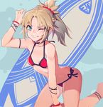  anklet barefoot bikini blonde_hair bracelet breasts fate/grand_order fate_(series) green_eyes grin highres jewelry kneeling long_hair mordred_(fate)_(all) mordred_(swimsuit_rider)_(fate) one_eye_closed ponytail red_bikini red_scrunchie scrunchie side-tie_bikini small_breasts smile solo surfboard swimsuit wtcolor 