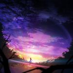  blurry blurry_foreground commentary_request depth_of_field dutch_angle forest lake long_hair nature original purple_sky ripples scenery silhouette solo someya_mai sunlight sunset walking walking_on_liquid 