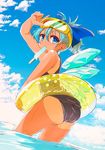 arm_up ass bare_arms black_swimsuit blue_bow blue_eyes blue_hair blue_sky bow caesar8149 cirno cloud day diving_mask diving_mask_on_head food hair_bow innertube looking_at_viewer mouth_hold one-piece_swimsuit one-piece_tan outdoors popsicle short_hair sky solo summer swimsuit tan tanline tanned_cirno touhou wading water yellow_innertube 