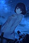  blush casual clothes_writing cloud domestic_na_kanojo forest hands_in_pockets hood hoodie jpeg_artifacts nature night night_sky official_art open_clothes open_hoodie outdoors pantyhose sasuga_kei shirt shooting_star short_hair skirt sky smile solo star_(sky) starry_sky striped striped_shirt tachibana_rui telescope tree 