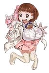  10s 1girl breasts brown_eyes brown_hair dog gloves hair_ornament hairclip heart_hair_ornament huge_breasts kill_la_kill leopard_(artist) looking_at_viewer mankanshoku_mako matching_hair/eyes narusawa_ryouka narusawa_ryouka_(cosplay) occultic;nine short_hair simple_background solo white_background white_gloves white_legwear wide_hips 