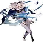  armor attack barefoot blush bthx cape female_my_unit_(fire_emblem_if) fire_emblem fire_emblem_heroes fire_emblem_if full_body hairband highres long_hair mamkute my_unit_(fire_emblem_if) official_art open_mouth pointy_ears red_eyes stone transparent_background white_hair 