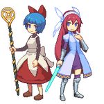  arm_at_side bangs blue_eyes blue_hair blunt_bangs bob_cut bow breasts brown_footwear closed_mouth dress elona eyebrows full_body greaves hair_between_eyes hair_bow hair_ribbon hairband hand_on_own_chest holding holding_staff holding_sword holding_weapon legs_apart loafers long_hair lowres multiple_girls no_nose over-kneehighs pixel_art purple_eyes purple_legwear red_bow red_hair ribbon shoes short_hair simple_background sleeves_past_wrists small_breasts smile staff standing straight_hair sword tareme thighhighs turtleneck vambraces very_long_hair vixiv warrior warrior_of_elea_(female) weapon white_background white_hairband white_ribbon wizard wizard_of_elea_(female) zettai_ryouiki 