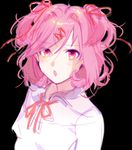  blush doki_doki_literature_club hair_ornament hair_ribbon hairclip messy_hair natsuki_(doki_doki_literature_club) open_mouth pink_eyes pink_hair ribbon shirt white_shirt 