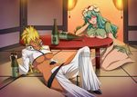  2girls arrancar arya-aiedail bleach blonde_hair breasts dark_skin drunk facial_mark green_hair large_breasts long_hair multiple_girls navel nelliel_tu_odelschwanck skull sleep striped striped_background tier_harribel underboob 