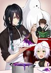  2boys alternate_costume apron bare_shoulders black_hair brown_eyes character_request commentary fate/apocrypha fate/grand_order fate/prototype fate/prototype:_fragments_of_blue_and_silver fate_(series) green_eyes hair_over_shoulder hector_(fate/grand_order) jack_the_ripper_(fate/apocrypha) low_ponytail messy_hair multiple_boys open_mouth paracelsus_(fate) plate scar shijiu_(adamhutt) short_hair silver_hair white_apron 