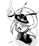  ascot bow capelet dutch_angle expressionless eyebrows_visible_through_hair foreshortening frills from_above greyscale hat hat_bow hat_ribbon index_finger_raised legs_apart long_sleeves monochrome nagae_iku pointing pointing_up ribbon saturday_night_fever shawl shirt skirt taurine_8000mg touhou 