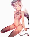 arm_support bananaxcs7 bow bulge choker demon_boy demon_wings feathered_wings frilled_legwear frilled_panties frills gloves hat heart_cutout horns incubus looking_at_viewer male_focus navel original otoko_no_ko panties parted_lips revision simple_background sitting tail underwear wings 