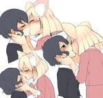  adapted_costume alternate_costume animal_ears black_eyes black_hair black_jacket blonde_hair blush buttons closed_eyes collared_shirt commentary_request contemporary drooling extra_ears fennec_(kemono_friends) fox_ears french_kiss half-closed_eyes hands_on_another's_neck highres initsukkii jacket kaban_(kemono_friends) kemono_friends kiss long_sleeves looking_at_another multiple_girls pink_jacket shirt short_hair simple_background sweat upper_body white_background yuri 