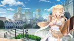  :d bare_shoulders blonde_hair blue_sky breasts building castle city cleavage closed_eyes cloud cloudy_sky day dmm dress facing_viewer flower fountain gate gem girls_symphony hair_flower hair_ornament highres holding holding_instrument instrument instrument_request jewelry long_hair medium_breasts necklace open_mouth outdoors palace railing sky skyline smile solo stairs tree wallpaper white_dress 