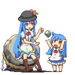  :d ahoge arms_up bangs bare_arms black_hat blue_dress blue_hair blue_skirt blush boots bowler_hat brown_footwear buttons diamond_(shape) dress dual_persona facing_another flat_chest floating food frilled_dress frilled_skirt frills fruit full_body hair_between_eyes hat hinanawi_tenshi knee_boots leaf legs_apart long_hair long_shirt looking_at_another looking_away looking_up lowres magic multiple_girls no_nose no_pupils open_mouth peach pigeon-toed pixel_art puffy_short_sleeves puffy_sleeves red_eyes red_ribbon ribbon rock rope shide shimenawa short_sleeves sidelocks simple_background sitting skirt smile standing tongue touhou very_long_hair vixiv white_background younger 