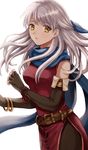  bare_shoulders dress fire_emblem fire_emblem:_akatsuki_no_megami gloves hair_ribbon half_updo long_hair looking_at_viewer micaiah ribbon silver_hair solo white_background wspread yellow_eyes 