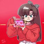  bangs black_hair blue_eyes bow finger_frame hair_bow kuonji_ukyou long_hair long_sleeves looking_at_viewer polka_dot polka_dot_bow ranma_1/2 red_background red_sweater sleeves_past_wrists smile solo sweater upper_body wanta_(futoshi) 