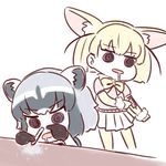 @_@ animal_ears batta_(ijigen_debris) black_eyes blonde_hair commentary_request common_raccoon_(kemono_friends) drooling drugs eyebrows_visible_through_hair fennec_(kemono_friends) fox_ears gloves grey_hair injection kemono_friends multiple_girls neck_ribbon open_mouth parted_lips pink_shirt pleated_skirt raccoon_ears ribbon ringed_eyes sandstar shirt short_hair simple_background skirt snorting standing syringe white_background yellow_ribbon 