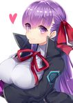  bangs bb_(fate)_(all) bb_(fate/extra_ccc) black_coat blush breast_hold breasts closed_mouth commentary_request emblem eyebrows_visible_through_hair fate/extra fate/extra_ccc fate_(series) gloves hair_ribbon heart large_breasts long_hair long_sleeves looking_at_viewer neck_ribbon pointer purple_eyes purple_hair red_ribbon ribbon shiny shiny_hair shirt smile solo tareme upper_body very_long_hair white_gloves white_shirt wing_collar yuzu-aki 
