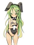  1girl animal_ears blush bowtie breasts bunny_ears bunnysuit caburi_aki crescent crescent_hair_ornament detached_collar embarrassed fake_animal_ears female fishnet_legwear fishnets green_eyes green_hair hairband hairclip impossible_clothes kantai_collection long_hair looking_away looking_down nagatsuki_(kantai_collection) nipples pussy simple_background small_breasts solo standing thighhighs uncensored white_background wrist_cuffs 