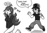  &gt;_&lt; 1boy 1girl ahoge belt between_legs blush bottomless chasing covering_crotch english eyes_closed full_body greyscale hand_between_legs hands_together hands_up hat headband heart hex_maniac_(pokemon) long_hair long_sleeves monochrome npc_trainer open_mouth pants pokemon pokemon_(game) pokemon_xy putry ribbed_sweater running shirt shoes short_hair short_sleeves simple_background slippers smile speech_bubble spoken_heart sweater talking text v_arms white_background 