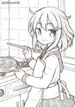  apron chopsticks commentary_request cowboy_shot fang frying_pan greyscale hair_ornament hairclip highres ikazuchi_(kantai_collection) indoors kantai_collection looking_at_viewer monochrome omochi_(pettan_omochi) open_mouth sailor_collar school_uniform serafuku short_hair smile solo stove twitter_username window 