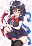  :o adjusting_hair asymmetrical_wings bare_arms bespectacled black-framed_eyewear black_dress black_hair black_legwear blue_wings bow bowtie breast_hold breasts commentary_request dress glasses highres holding houjuu_nue large_breasts looking_at_viewer mutou_(94753939) pointer red_eyes red_neckwear red_wings shiny shiny_hair short_dress short_sleeves solo thick_thighs thighhighs thighs touhou wings 