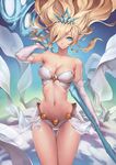  absurdres arm_at_side arm_up bare_shoulders blonde_hair blue_eyes breasts cleavage closed_mouth cowboy_shot elbow_gloves gloves gradient gradient_background hair_over_one_eye highres janna_windforce league_of_legends long_hair looking_at_viewer medium_breasts midriff navel oopartz_yang paid_reward patreon_reward pointy_ears polearm revealing_clothes simple_background smile solo staff thigh_gap tiara weapon white_gloves 