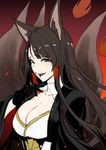 akagi_(azur_lane) animal_ears azur_lane bangs black_gloves black_hair blush breasts clash_kuro_neko cleavage commentary_request eyebrows_visible_through_hair fire fox_ears fox_tail gloves japanese_clothes large_breasts long_hair looking_at_viewer multiple_tails open_mouth red_eyes shiny shiny_hair shiny_skin smile solo tail wide_sleeves 