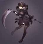  1girl black_background black_blindfold black_dress black_gloves black_hair black_hairband black_legwear blindfold boots borrowed_character breasts cleavage_cutout commission cosplay covered_eyes dress drill_hair facing_viewer feather-trimmed_sleeves gloves gothic_lolita hairband high_heel_boots high_heels highres holding holding_scythe iwbitu-sa juliet_sleeves lolita_fashion long_hair long_sleeves medium_breasts nier_(series) nier_automata pointy_ears puffy_sleeves scythe smile solo standing standing_on_one_leg thigh_boots thighhighs thighhighs_under_boots twin_drills vambraces yorha_no._2_type_b yorha_no._2_type_b_(cosplay) 