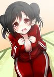  10s 1girl black_hair blush breasts cleavage downblouse kneeling looking_at_viewer love_live! love_live!_school_idol_project no_bra on_floor open_clothes red_disappointment red_eyes small_breasts solo twintails unzipped yazawa_nico 