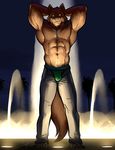  abs anthro barefoot bgn biceps big_muscles brown_fur bulge canine claws clothed clothing flexing fountain fur glowing glowing_eyes green_eyes grey_nose hands_behind_head jeans jockstrap lock_mckeldrick_(character) looking_at_viewer male mammal muscular open_pants pants pecs pinup pose smile solo standing tattoo toe_claws topless triceps underwear were werewolf white_fur wolf yellow_eyes 