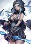  absurdres archery armlet arrow ashe_(league_of_legends) bangs bare_shoulders black_cloak black_dress black_gloves blue_eyes bow_(weapon) bracer breasts cleavage cloak cold corset cowboy_shot dress elbow_gloves eyebrows_visible_through_hair eyelashes fingernails floating_hair gloves hand_up highres holding holding_bow_(weapon) holding_weapon hood hooded_cloak league_of_legends legs_together lips long_fingernails long_hair looking_at_viewer medium_breasts nose oopartz_yang paid_reward parted_bangs parted_lips partly_fingerless_gloves patreon_reward short_dress silver_hair snowing solo standing thighs weapon wind yugake 