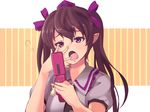  :o bangs blush brown_hair cellphone charm_(object) commentary_request frilled_shirt_collar frills grey_shirt hair_ribbon hand_up hat himekaidou_hatate holding holding_phone long_hair looking_at_phone open_mouth phone pointy_ears puffy_short_sleeves puffy_sleeves purple_eyes purple_hat purple_ribbon remiria100 ribbon shirt short_sleeves sleepy solo striped striped_background tears tokin_hat touhou twintails upper_body vertical-striped_background vertical_stripes yawning 