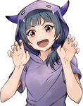 :d bangs blue_hair claw_pose eyebrows_visible_through_hair hair_ornament hair_scrunchie hood hooded_pajamas horns keita_(kta0) looking_at_viewer love_live! love_live!_sunshine!! low_ponytail open_mouth pajamas purple_pajamas purple_scrunchie red_eyes scrunchie simple_background smile solo tsushima_yoshiko upper_body v-shaped_eyebrows white_background 