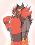  2016 5_fingers anthro biped black_fur blep cheek_tuft digital_media_(artwork) feline fur green_eyes grey_fur half-length_portrait hi_res incineroar koroburger looking_at_viewer looking_back male mammal multicolored_fur nintendo nude orange_fur pink_tongue pointing pointing_at_self pok&eacute;mon pok&eacute;mon_(species) portrait pseudo_clothing rear_view red_fur red_nose shoulder_tuft signature simple_background solo tongue tongue_out tuft tusks video_games white_background yellow_sclera 