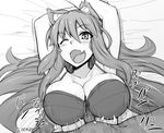  1girl animal_ear_fluff animal_ears arms_behind_head blush bouncing_breasts bow bow_bra bra breasts cleavage commentary fang fate/extra fate/extra_ccc fate/extra_ccc_fox_tail fate_(series) fox_ears greyscale hetero isemagu large_breasts long_hair looking_at_viewer lying monochrome motion_lines on_back one_eye_closed open_mouth paizuri paizuri_under_clothes penis skindentation solo_focus straddling suzuka_gozen_(fate) uncensored underwear very_long_hair 