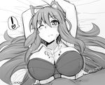  1girl animal_ear_fluff animal_ears arms_behind_head blush bouncing_breasts bow bow_bra bra breasts cleavage cum cum_on_body cum_on_breasts cum_on_upper_body ejaculation fate/extra fate/extra_ccc fate/extra_ccc_fox_tail fate_(series) fox_ears greyscale hetero isemagu large_breasts long_hair looking_at_viewer lying monochrome on_back one_eye_closed paizuri paizuri_under_clothes penis skindentation solo_focus straddling suzuka_gozen_(fate) uncensored underwear very_long_hair wince 