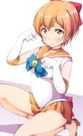  bishoujo_senshi_sailor_moon blush bow choker cosplay elbow_gloves gloves hair_bow highres hoshizora_rin leotard love_live! love_live!_school_idol_project magical_girl orange_footwear orange_hair orange_neckwear orange_sailor_collar orange_skirt paw_pose pleated_skirt red_bow sailor_collar sailor_senshi_uniform sailor_venus sailor_venus_(cosplay) sen_(sen0910) short_hair skirt solo white_gloves yellow_eyes 