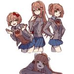  :d alternate_hair_length alternate_hairstyle bangs blush bow breasts closed_mouth collared_shirt commentary doki_doki_literature_club english_commentary eyebrows_visible_through_hair fusion green_eyes grey_jacket grin hair_between_eyes hair_bow hair_intakes hair_ornament hair_ribbon hairclip head_rest jacket kuzudon long_hair long_sleeves looking_at_viewer medium_breasts monika_(doki_doki_literature_club) multiple_girls multiple_persona multiple_views natsuki_(doki_doki_literature_club) neck_ribbon one_side_up open_mouth red_bow red_ribbon ribbon sayori_(doki_doki_literature_club) school_uniform shirt short_hair smile white_ribbon white_shirt x_hair_ornament yuri_(doki_doki_literature_club) 