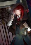  arm_up bat_wings blush breath candle collared_shirt commentary_request dress_shirt dutch_angle gate head_wings highres koakuma lantern long_hair looking_at_viewer outdoors red_eyes red_hair red_neckwear saneatsu shawl shirt skirt skirt_set solo touhou vest white_shirt wings 