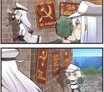  2koma black_sailor_collar black_skirt blue_eyes check_translation closed_eyes comic commentary gangut_(kantai_collection) hair_between_eyes hammer_and_sickle hat hibiki_(kantai_collection) ido_(teketeke) kantai_collection long_hair long_sleeves miniskirt multiple_girls pantyhose peaked_cap pipe pipe_in_mouth pleated_skirt ranguage russian sailor_collar scar silver_hair skirt smile translation_request twin-bush_disguise verniy_(kantai_collection) white_hair white_hat 