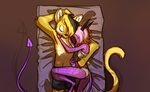  anthro blonde_hair bra breasts cat clothed clothing david_lillie dreamkeepers duo eyes_closed feline female fur hair male male/female mammal midriff namah_calah panties rajak sleeping spade_tail topless underwear yellow_fur 