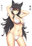  animal_ears arciealbano armpits arms_behind_head arms_up artist_name atago_(azur_lane) azur_lane bangs bikini black_hair blush breasts brown_eyes choker cleavage closed_mouth contrapposto cowboy_shot extra_ears eyebrows_visible_through_hair flower hair_flower hair_ornament highres large_breasts legs_apart long_hair looking_at_viewer mole mole_under_eye navel partially_visible_vulva simple_background smile solo standing stomach swept_bangs swimsuit translated tsurime very_long_hair white_background white_bikini white_neckwear 