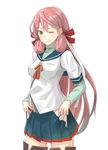  ;) akashi_(kantai_collection) commentary_request green_eyes hachimaki hair_ribbon headband highres hip_vent holding kantai_collection looking_at_viewer negahami one_eye_closed pink_hair pleated_skirt remodel_(kantai_collection) ribbon school_uniform screwdriver serafuku skirt smile solo thighhighs tress_ribbon zettai_ryouiki 