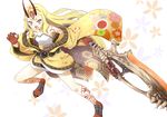  blonde_hair bone commentary_request fate/grand_order fate_(series) gudon_(iukhzl) holding ibaraki_douji_(fate/grand_order) japanese_clothes long_hair looking_at_viewer oni_horns solo sword tattoo weapon yellow_eyes 