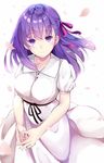  amacha black_ribbon breasts closed_mouth commentary_request dress fate/stay_night fate_(series) hair_ribbon heaven's_feel interlocked_fingers large_breasts long_hair looking_at_viewer matou_sakura pink_ribbon puffy_short_sleeves puffy_sleeves purple_eyes purple_hair ribbon short_sleeves simple_background smile solo white_background white_dress wind 