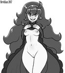  1girl 2017 @_@ ahoge al_bhed_eyes artist_name breasts dated dress dress_lift greyscale hands_on_own_chest hands_up headband hex_maniac_(pokemon) lifted_by_self long_hair long_sleeves looking_at_viewer medium_breasts monochrome navel nipples npc_trainer pokemon pokemon_(game) pokemon_xy pubic_hair pussy revtilian simple_background smile solo standing text uncensored watermark white_background 