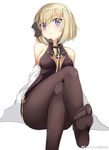  azur_lane bare_shoulders blonde_hair blush bow breasts brown_legwear closed_mouth covered_nipples crossed_legs eyebrows_visible_through_hair eyes_visible_through_hair feet from_below hair_bow highres invisible_chair jacknavy labcoat legs light_brown_hair medium_breasts pantyhose pov_feet purple_eyes short_hair sideboob simple_background sitting soles solo thighs watermark weibo_logo weibo_username white_background z23_(azur_lane) 