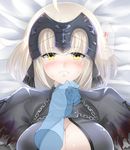  ahoge bangs blush breasts capelet chain cleavage commentary_request fate/grand_order fate_(series) headpiece highres jeanne_d'arc_(alter)_(fate) jeanne_d'arc_(fate)_(all) koro_(tyunnkoro0902) large_breasts looking_at_viewer parted_lips short_hair silver_hair solo speech_bubble sweat upper_body yellow_eyes 