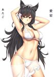  animal_ears arciealbano armpits arms_behind_head arms_up artist_name atago_(azur_lane) azur_lane bangs bikini black_hair blush breasts brown_eyes choker cleavage closed_mouth contrapposto copyright_name cowboy_shot extra_ears eyebrows_visible_through_hair flower hair_flower hair_ornament highres large_breasts legs_apart long_hair looking_at_viewer mole mole_under_eye navel partially_visible_vulva sarong see-through simple_background smile solo standing stomach swept_bangs swimsuit translation_request tsurime very_long_hair white_background white_bikini white_neckwear 